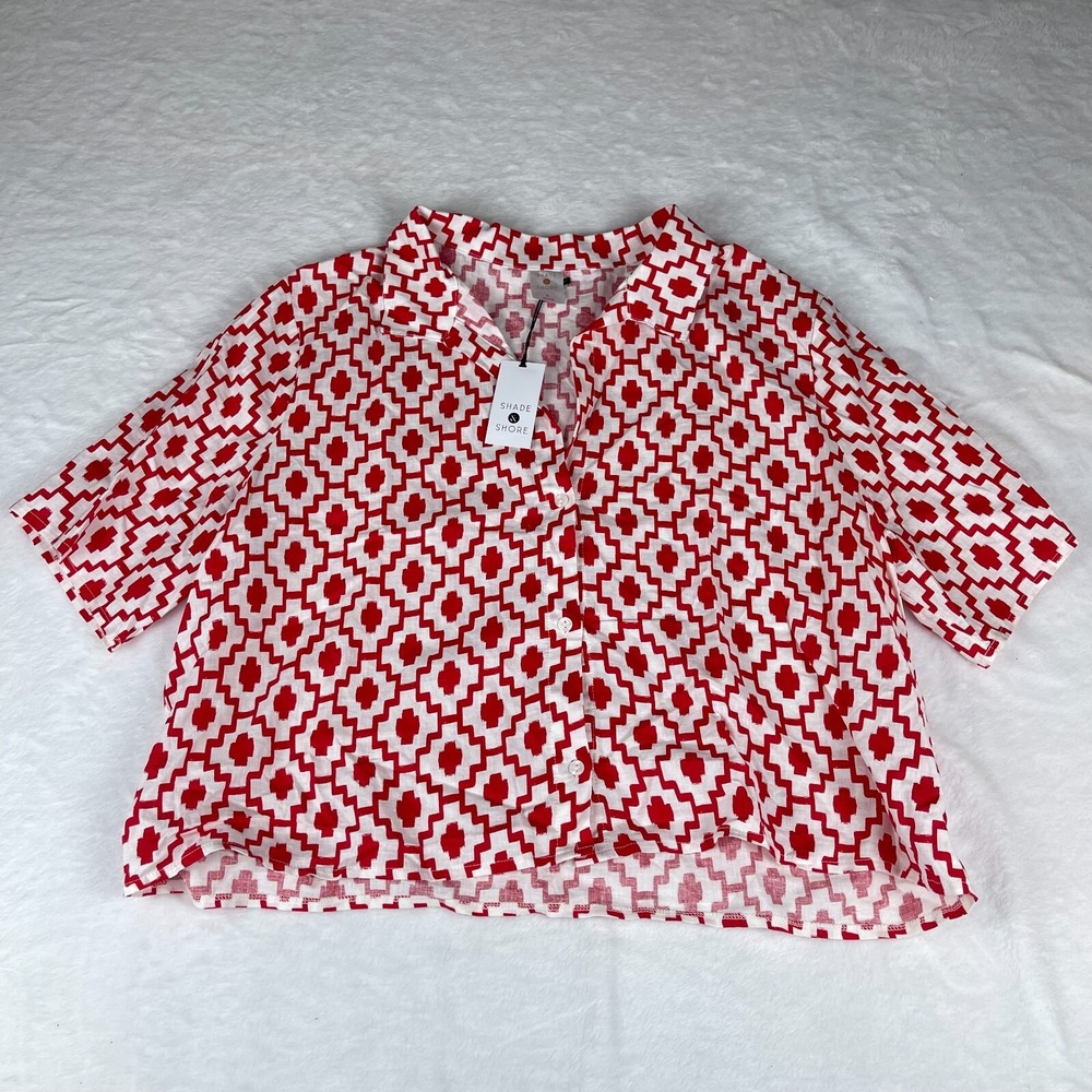Shade & Shore Cropped Top Womens XL Red White Geo Print Short Sleeve Button Down
